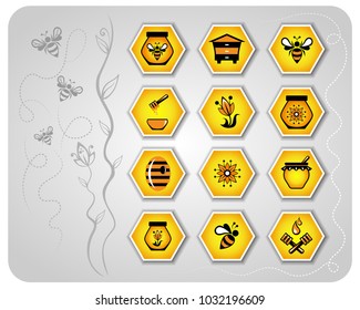 set of icons with bees, honey, apiary, on a beautiful background