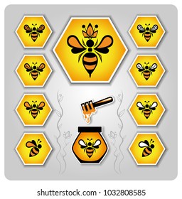 set of icons with bees, honey, on a beautiful background