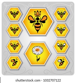 set of icons with bees on a beautiful background