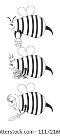 set of icons with bees,colony of insects, vector image, flat design, funny cartoon characters