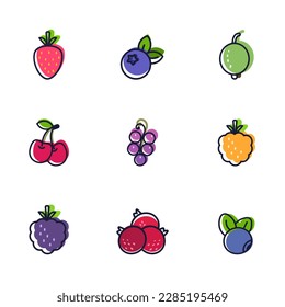 Set icons berries. Color. Grape, strawberry, cherry, blueberry, currant, cloudberry, raspberry, gooseberry. Line style. Isolated on white background.  For web design, poster; app; package.