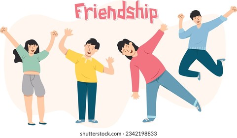 set of icons with best friends concept. multicultural friendship illustration. template for Happy Friendship Day. Teenage girl and boy friends having fun on pink background.