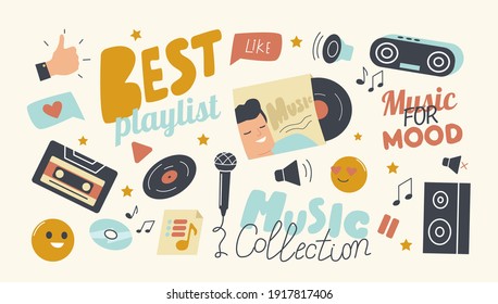 Set of Icons Best Playlist for Music Collection Theme. Hand Thumb Up Gesture, Vinyl and Cd Disk, Dynamics and Record Player with Tape or Microphone and Smiling Emoji. Cartoon Vector Illustration