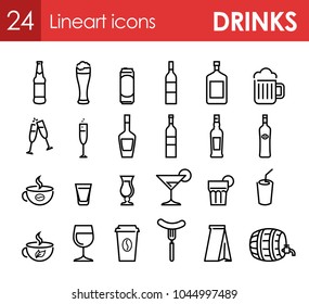 Set of Icons with Beverage and Drinks for Bar menu or design of site. 24 Vector Symbols.