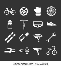 Set icons of bicycle, biking, bike parts and equipment isolated on black