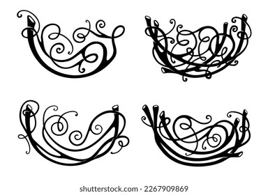 Set icons Birds Nest for a logo or emblem in the technique of sketching. Vector graphics. Funny birds and eggs.