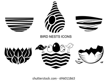 Set icons Bird's Nest for a logo or emblem in the technique of sketching. Vector graphics. Two funny birds and eggs.