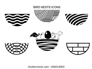 Set icons Bird's Nest for a logo or emblem in the technique of sketching. Vector graphics. Two funny birds and eggs.