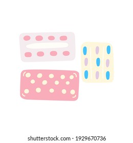 Conjunto de iconos de las píldoras anticonceptivas. Ilustración dibujada a mano sobre fondo blanco.