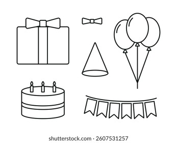 set of icons for birthday, cake, balloons, gift, garland, batik, holiday