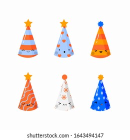 Set Icons Birthday Caps for Celebrations Happy Hats Vector Kawaii Illustration 