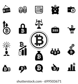 Set of icons Bitcoin. Icons with bitcoin on the topic of sale, storage, exchange and earnings. Vector illustration.