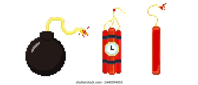 Conjunto de ícones: bomba preta, dinamite, ilustração pixel art