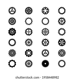 Set of icons with black cogwheel and machine gear isolated on white background. Machinery and mechanism equipment. Vector graphic illustration