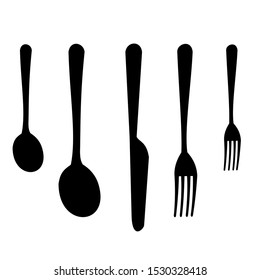 Set of icons black fork, spoon and knife icons  isolated on white background. Vector Illustration for cutlery symbols.  