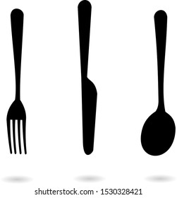 Set of icons black fork, spoon and knife icons with shadow isolated on white background. Vector Illustration for cutlery symbols.  