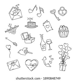 Set of icons with a black outline for Valentine's day: search for love, a cupcake with cream and a piece of cake, a box of sweets in the shape of a heart, a bottle of wine and a ring for a proposal