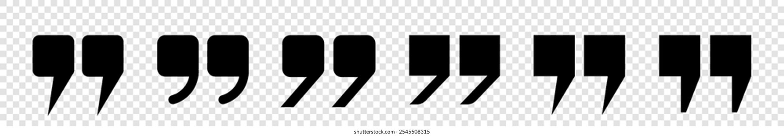 A set of icons with black square quotes, commas on a transparent background. A collection of flat square comma characters. Vector EPS 10.