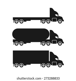 Set icons of black trucks and trailers. Vector illustration