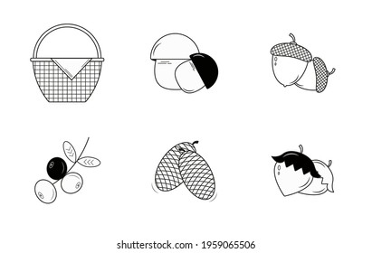 Set of icons in black and white on the theme of vegetarianism, forest, mushrooms, berries, nuts. Vector icons. For menu, healthy food, children's illustration