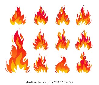 A set of icons with a blazing fire. A burning bonfire with sparks. A fiery flame. Vector illustration on a white background.