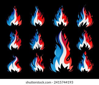Set von Symbolen mit einem Feuer in den Farben der französischen Flagge. Brennendes Feuer mit Funken. Die Flagge Frankreichs. Blauweiße Feuerstromflamme. Vektorgrafik auf schwarzem Hintergrund.