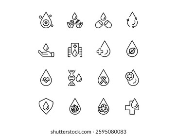 A set of icons for a blood drop. Editable stroke. Vector illustration.	