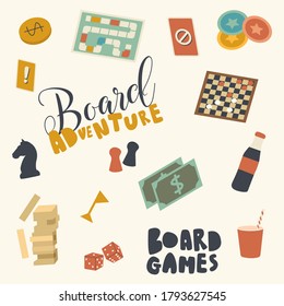 Set of Icons Board Game Theme. Chess Figures, Map and Dice, Wooden Blocks, Dollars and Chips with Beverages. Friends Adventure, Home Recreation or Activity Relax Spare Time. Linear Vector Illustration