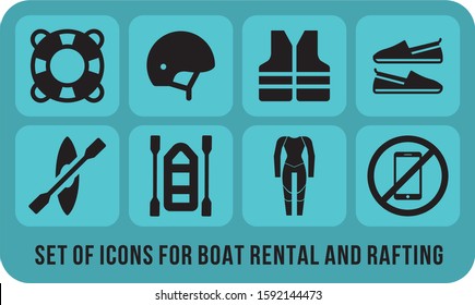 set of icons for boat rental and rafting