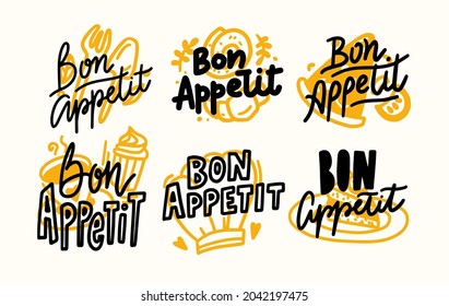 Set of Icons Bon Appetit Lettering, Written Food Poster with Doodle Graphic Design Elements, Hand Drawn Quotes, Print for Kitchen Menu, Cafe and Restaurant Decoration, Drawing. Vector Illustration