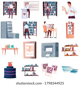 Conjunto de iconos con la presentación de la tienda de libros la casa de publicación ilustrador cliente gráfico aislado de vector plano