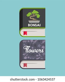 A set of icons of books about growing a Bonsai tree and flowers. Illustration Botany tree flowers book in flat style