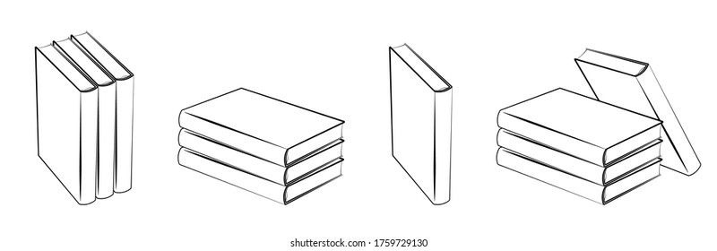 Set of icons, books drawn in the style of freehand in various positions. Education at school and library, obtaining knowledge from literature. Isolated vector on white background