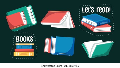 Set of icons with books. Isolated elements on a black background.