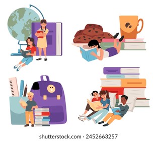 Conjunto de iconos con libros, útiles escolares, personajes adolescentes leyendo libros en diferentes poses. Concepto de lectura infantil o material educativo. Ilustraciones planas y aisladas.