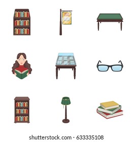 A set of icons with books. Seth about the library, reading, bookstore. Library and bookstore icon in set collection on cartoon style vector symbol stock illustration.