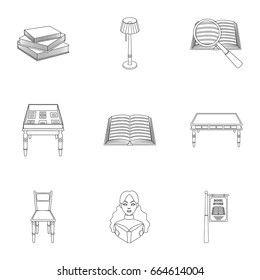 A set of icons with books. Seth about the library, reading, bookstore. Library and bookstore icon in set collection on outline style vector symbol stock illustration.