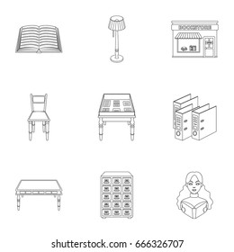 A set of icons with books. Seth about the library, reading, bookstore. Library and bookstore icon in set collection on outline style vector symbol stock illustration.