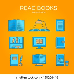 Set of icons of books. Vector collection of objects: e-book, book and coffee, bookshelf and library. Illustration of training and education. Design elements for logos and web.