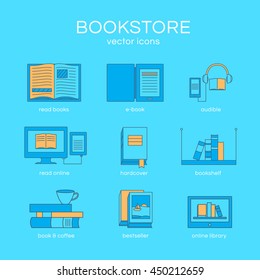 Set of icons a bookstore. Vector collection of objects: e-book, book and coffee, bookshelf and library. Illustration of training and education. Template for design.