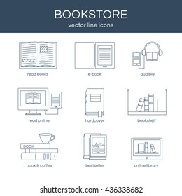 Set of icons a bookstore. Set of vector line icons. Vector icons collection with different book objects. Illustration of reading books and education. Design elements for logos.