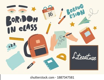 Set of Icons Boredom in Class Theme. School Textbook, Pillow and Sleepy Eyes, Notebook, Ruler with Pen and Pencil. Literature Lesson, Rucksack and Blackboard, Scribble. Linear Vector Illustration