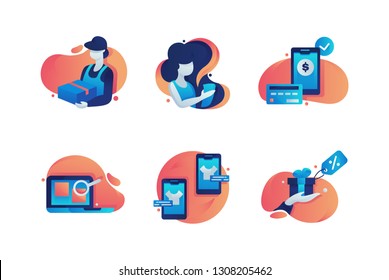 Set Icons With Box Delivery, Woman, Mobile Shopping, Laptop With Internet Search, Gift Box. Concept Collection Modern Symbols For Online Shop, Internet, Ad, Web. Pixel Perfect. Vector Illustration.