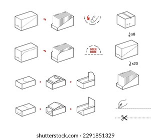 Conjunto de iconos para las instrucciones de caja. Elementos vectores para infografías. Conjunto de signos para directrices detalladas. Listo para tu diseño. EPS10.