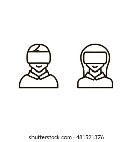 Set of icons boy and girl with virtual reality helmet thin line style isolated on white background. Vector illustration