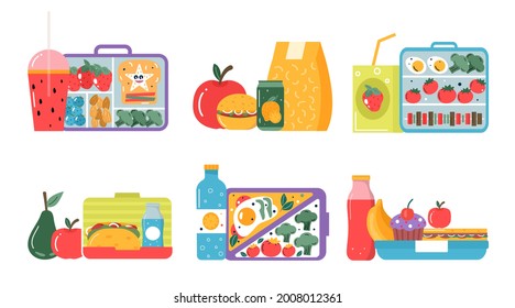 Set of icons breakfast or lunch meals. Food, drinks for Children school lunch boxes with meal, hamburger, sandwich, juice, snacks, fruit, vegetables.Vector collection.