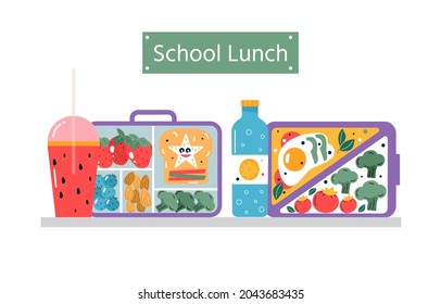 Juego de íconos para desayunar o almorzar. Comida, bebidas para niños cajas de almuerzo escolar con comida, hamburguesa, sándwich, jugo, tentempiés, frutas, verduras.Colecciones de vectores