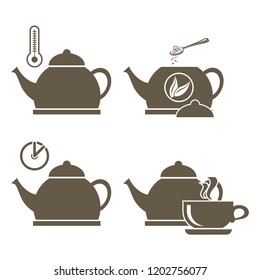 Set of icons for brewing tea with a boiling kettle and thermometer, adding brewing and waiting time. Vector icons on white background.