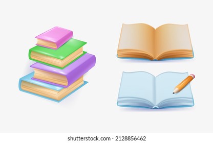 A set of icons of bright Books , Textbooks stacked, open books for school .3d vector icon with pencil. Cartoon minimalistic style.