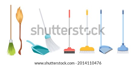 Set of Icons Broom, Scoop and Brushes with Long Handles Household Plastic Tools Isolated on White Background. Supplies for Sweeping and Cleaning, Manual Domestic Items. Cartoon Vector Illustration